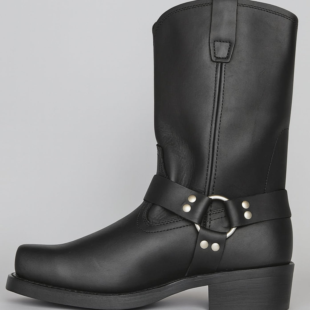 Women's Leather Harness Cowboy Boots Square-Toe Western Riding - Black