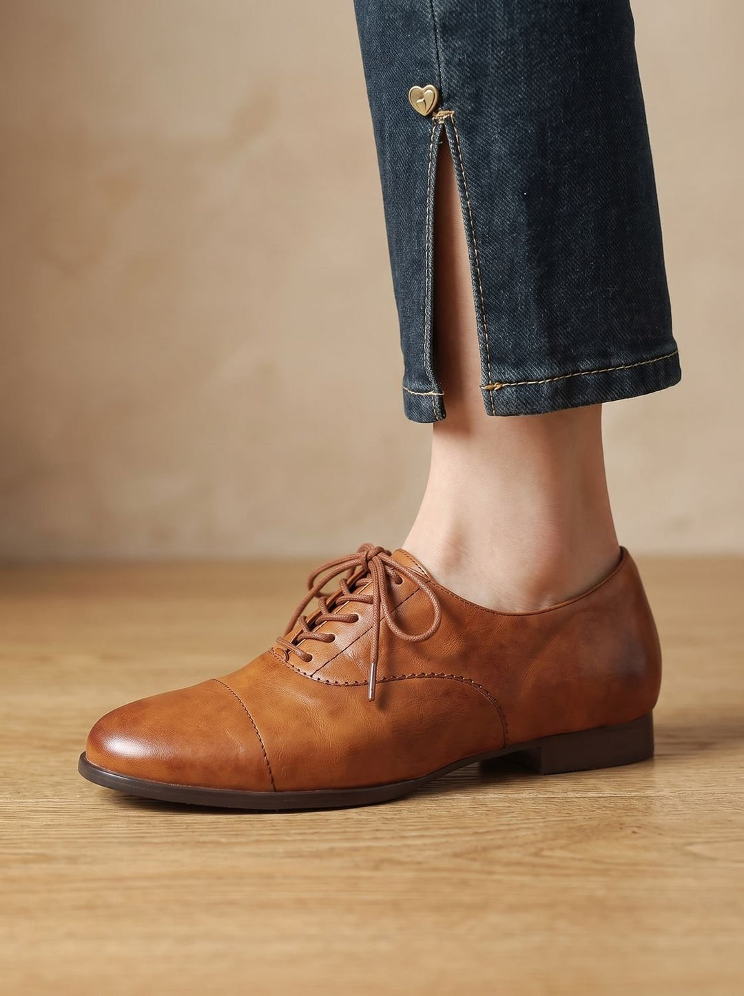 Women's Leather Lace-Up Cap Toe Flat Oxford Shoes - Caramel