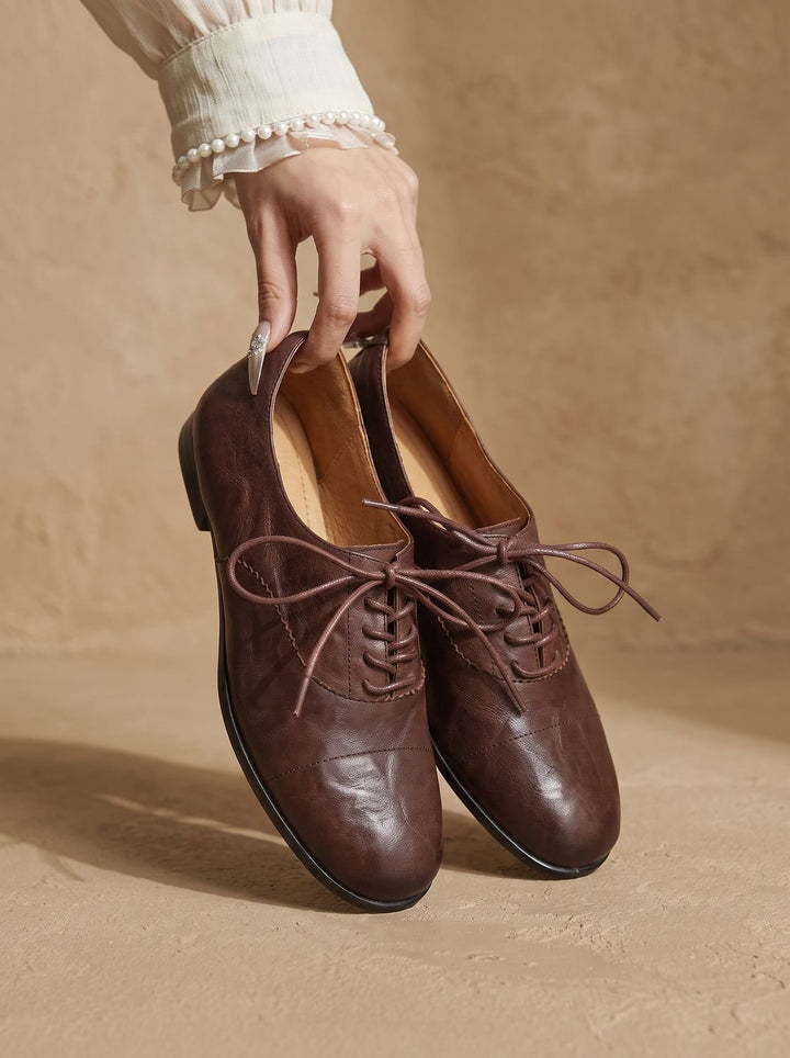 Women's Leather Lace-Up Cap Toe Flat Oxford Shoes