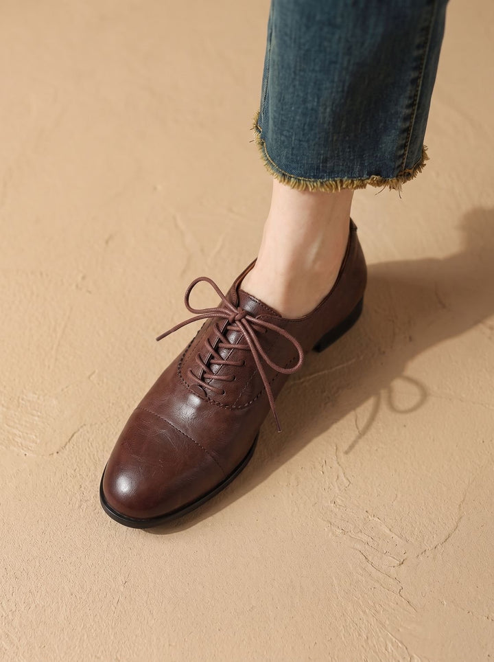 Women's Leather Lace-Up Cap Toe Flat Oxford Shoes