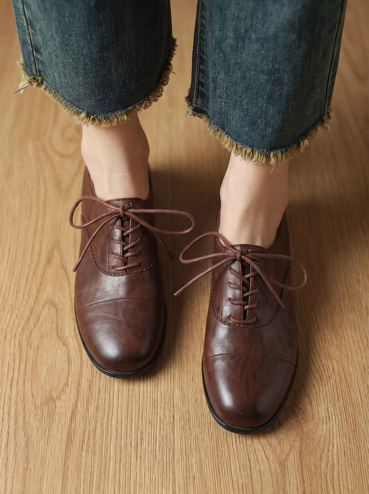 Women's Leather Lace-Up Cap Toe Flat Oxford Shoes