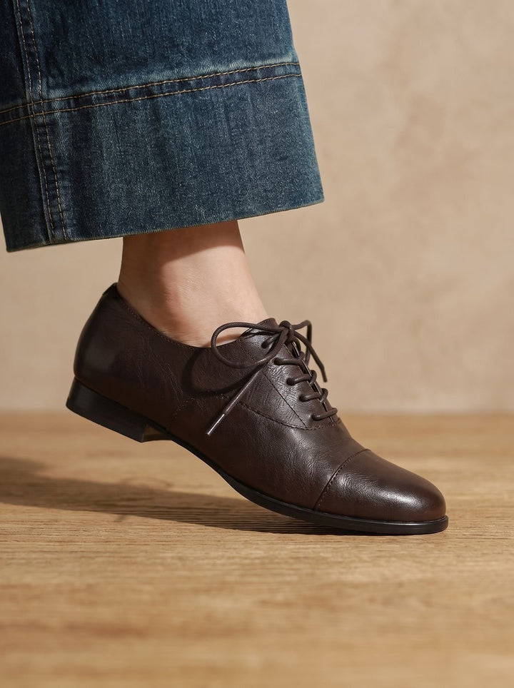 Women's Leather Lace-Up Cap Toe Flat Oxford Shoes - Black