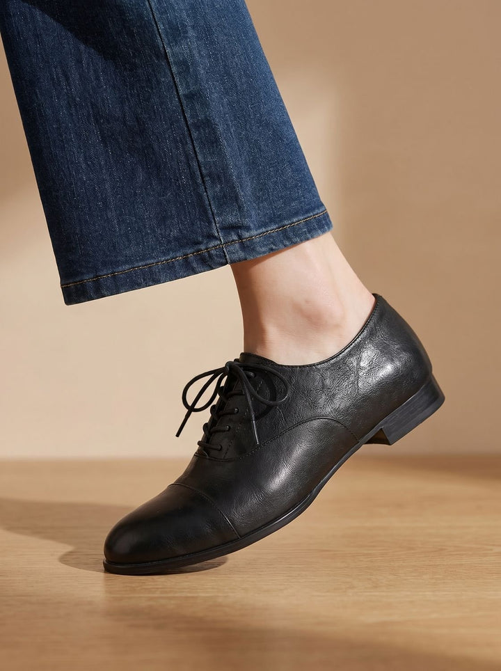 Women's Leather Lace-Up Cap Toe Flat Oxford Shoes