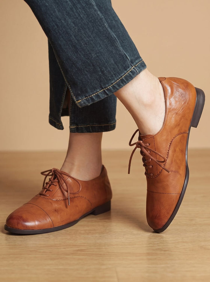 Women's Leather Lace-Up Cap Toe Flat Oxford Shoes