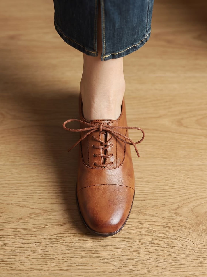 Women's Leather Lace-Up Cap Toe Flat Oxford Shoes