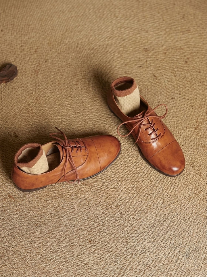 Women's Leather Lace-Up Cap Toe Flat Oxford Shoes