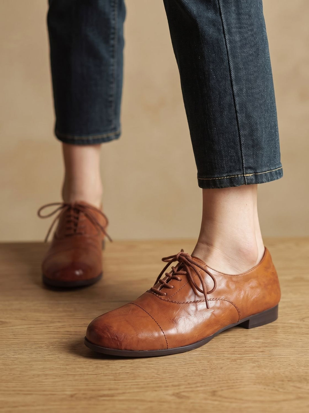 Women's Leather Lace-Up Cap Toe Flat Oxford Shoes