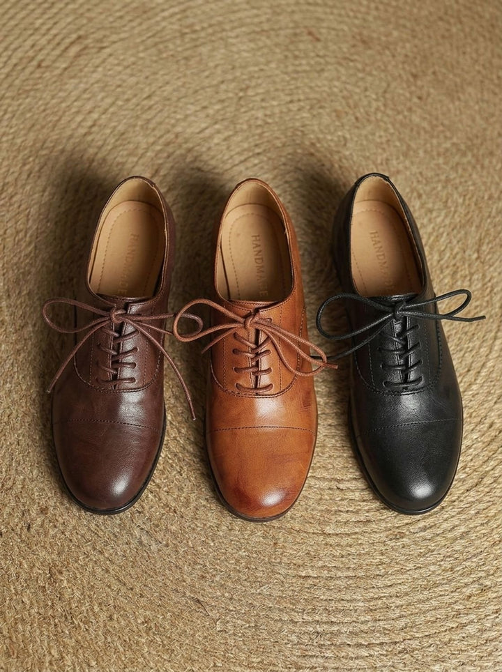 Women's Leather Lace-Up Cap Toe Flat Oxford Shoes - Brown