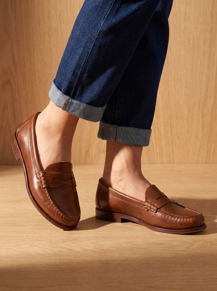 Women's Leather Penny Loafers Moccasin-Stitched Slip-On - Brown