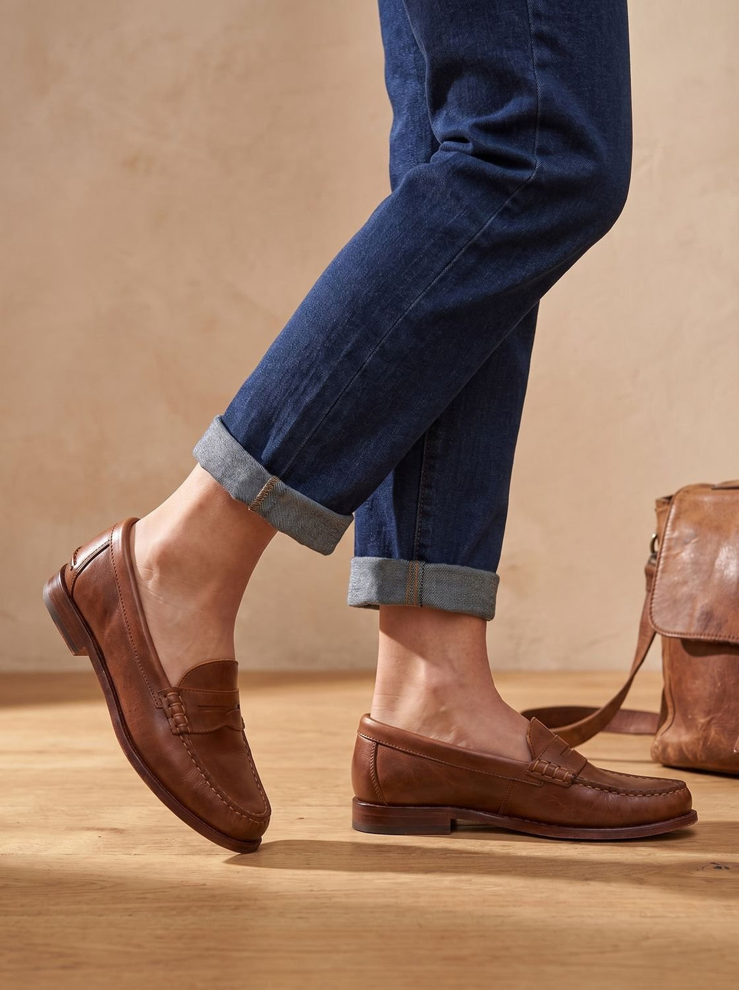 Women's Leather Penny Loafers Moccasin-Stitched Slip-On