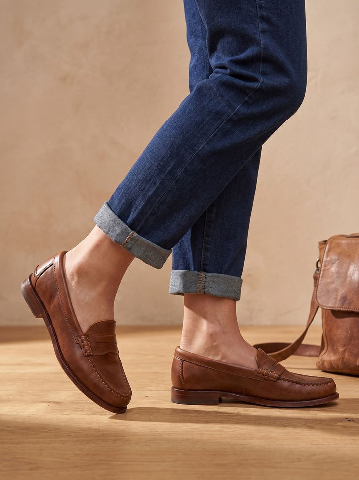 Women's Leather Penny Loafers Moccasin-Stitched Slip-On