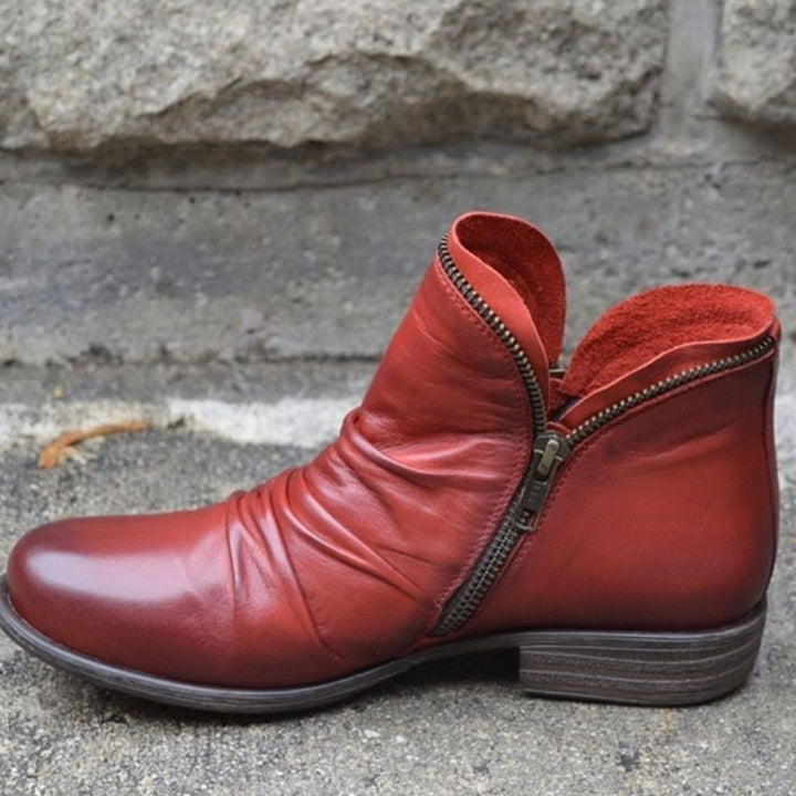 Women's Leather Side-Zip Ruched Ankle Boots - Red