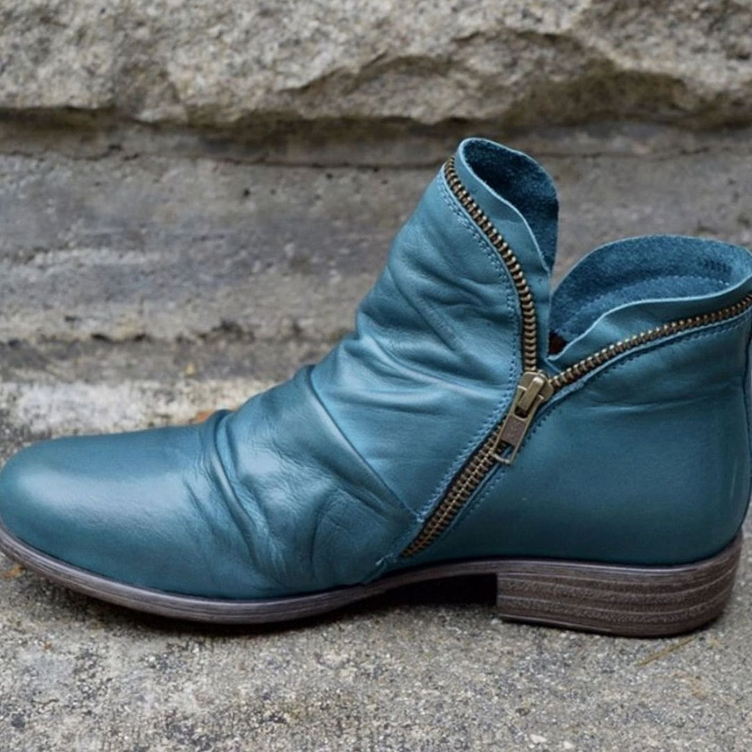 Women's Leather Side-Zip Ruched Ankle Boots - Blue