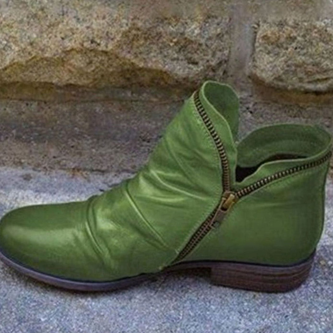 Women's Leather Side-Zip Ruched Ankle Boots - Green