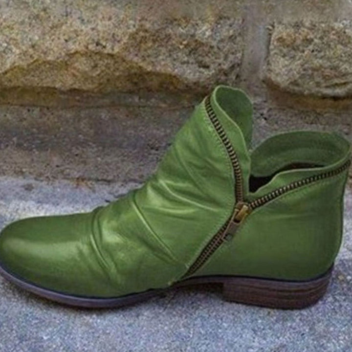 Women's Leather Side-Zip Ruched Ankle Boots - Green