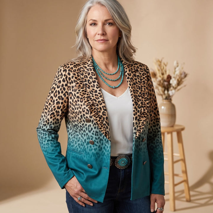 Women's Leopard Ombre Ruffle-Trim Button-Front Blazer