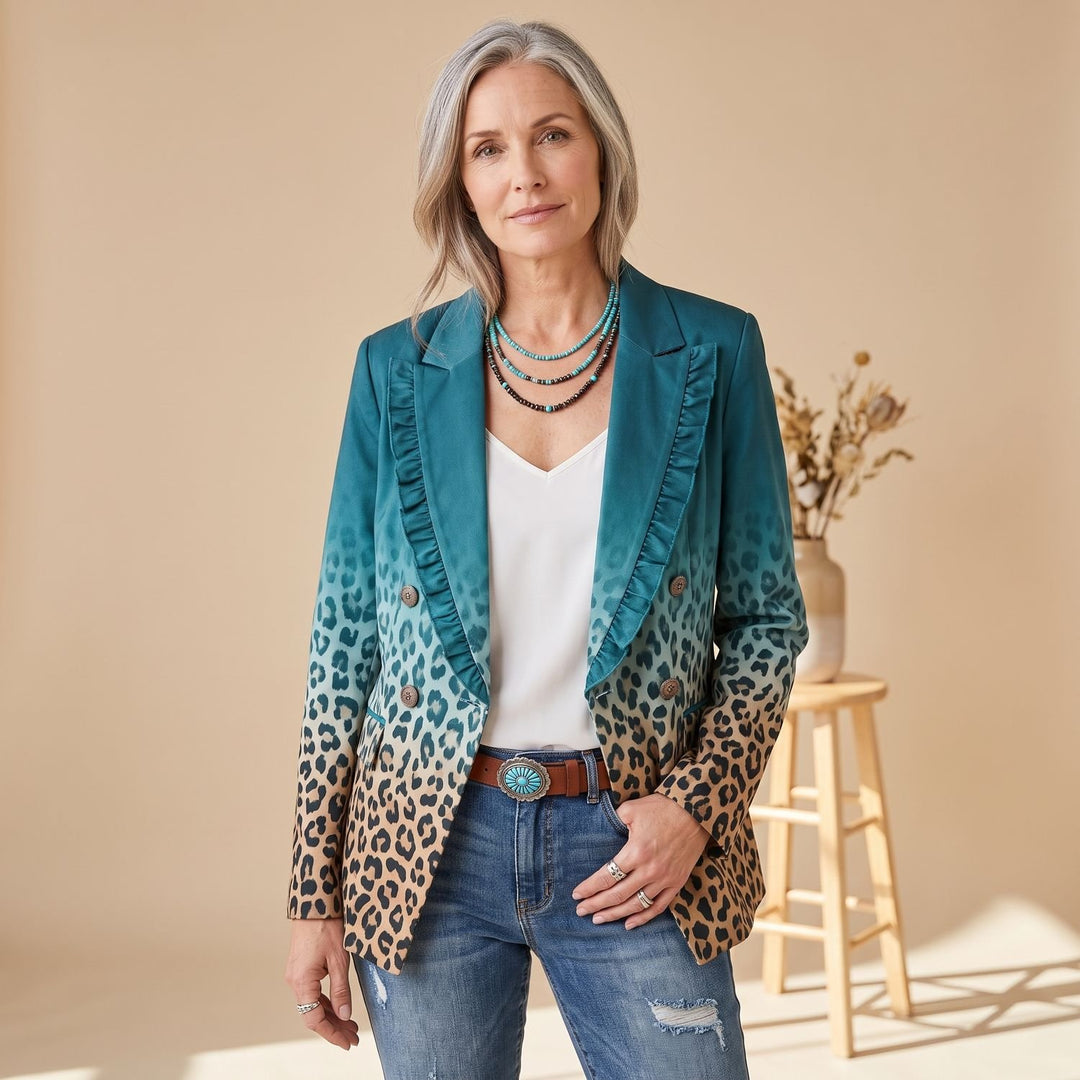 Women's Leopard Ombre Ruffle-Trim Button-Front Blazer