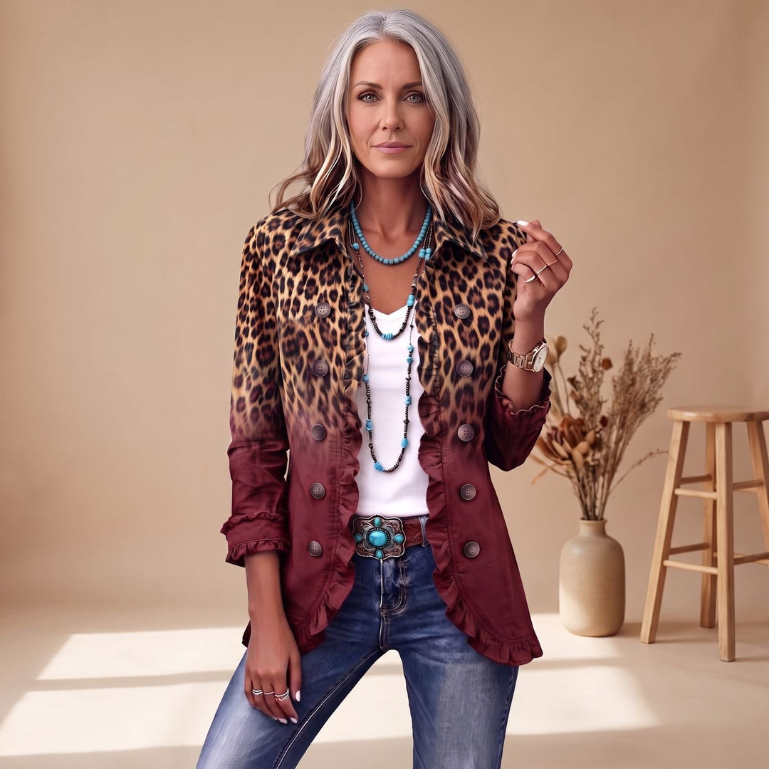 Women's Leopard Ombre Ruffle-Trim Button-Front Blazer - Wine