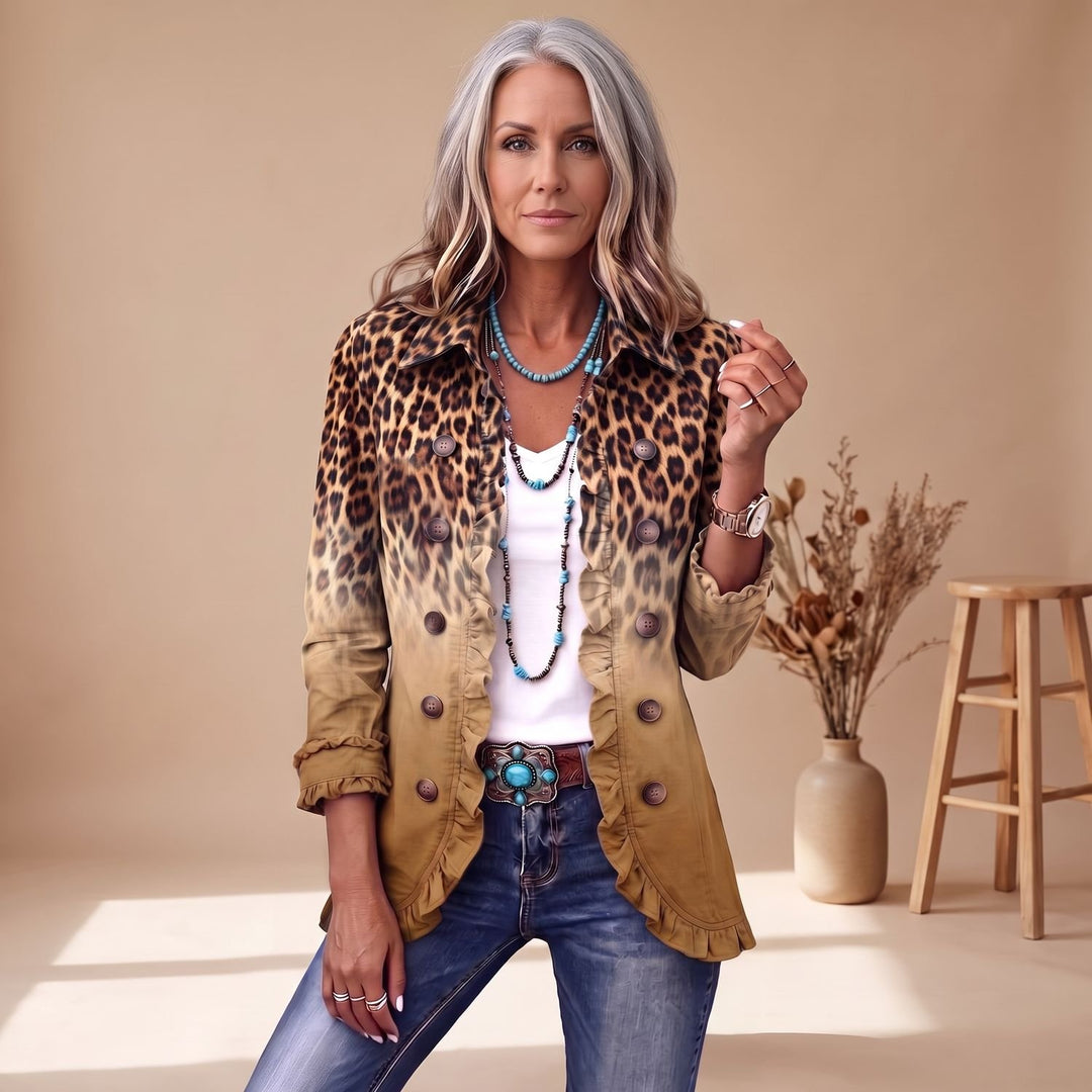 Women's Leopard Ombre Ruffle-Trim Button-Front Blazer - Ochre