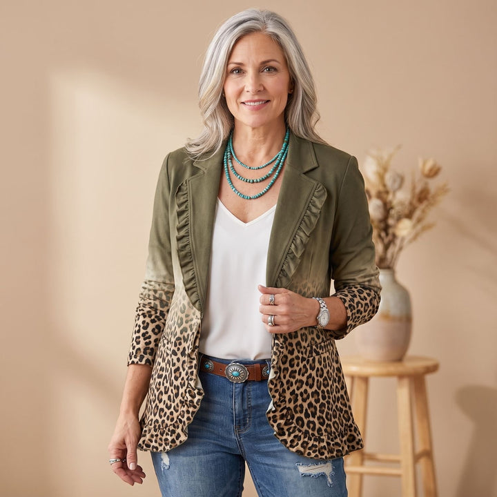 Women's Leopard Ombre Ruffle-Trim Button-Front Blazer - Green