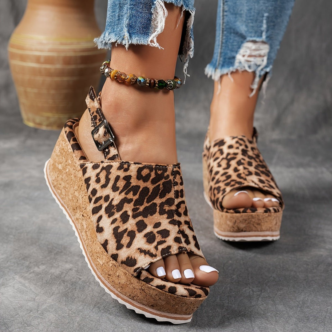 Women's Leopard Print Cork Wedge Comfortable Sandals Adjustable Buckle