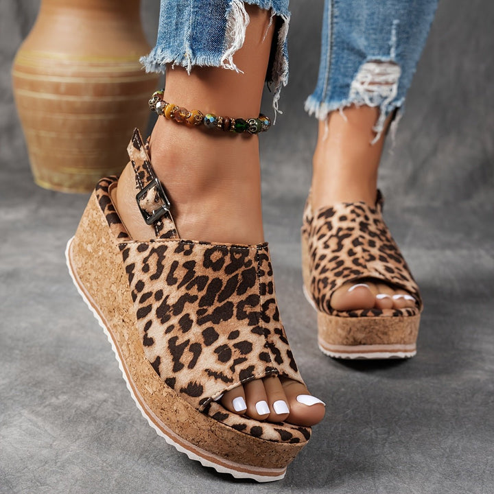 Women's Leopard Print Cork Wedge Comfortable Sandals Adjustable Buckle