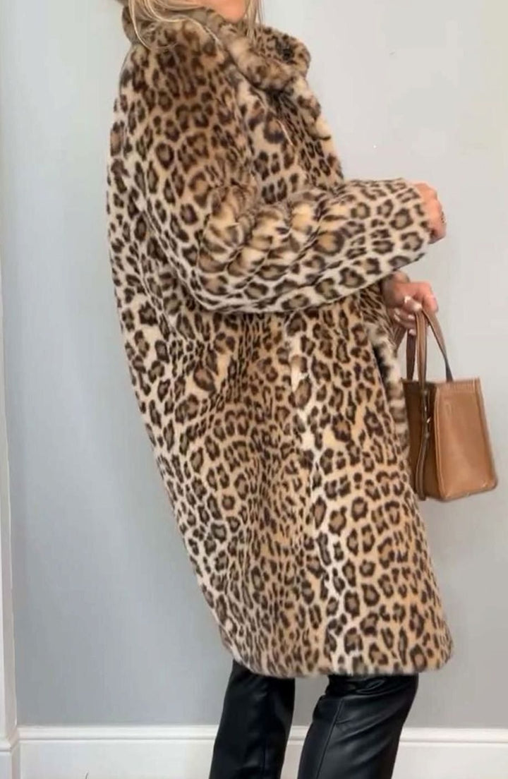 Women's Leopard Print Faux Fur Long Winter Coat