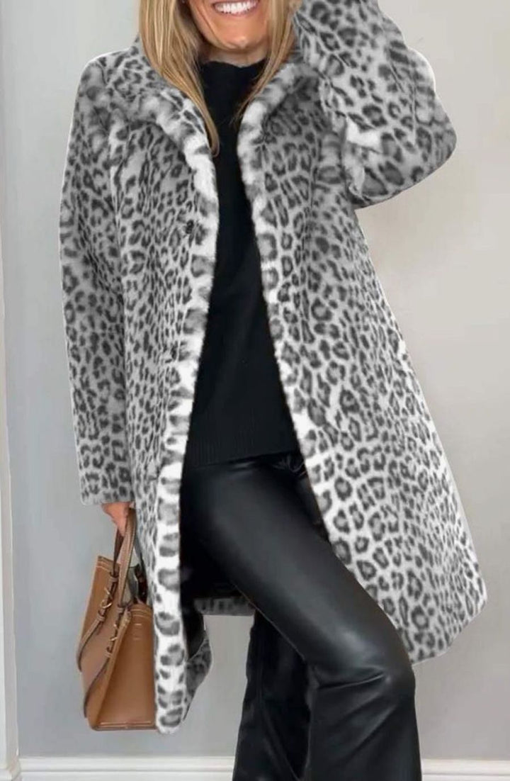 Women's Leopard Print Faux Fur Long Winter Coat - White