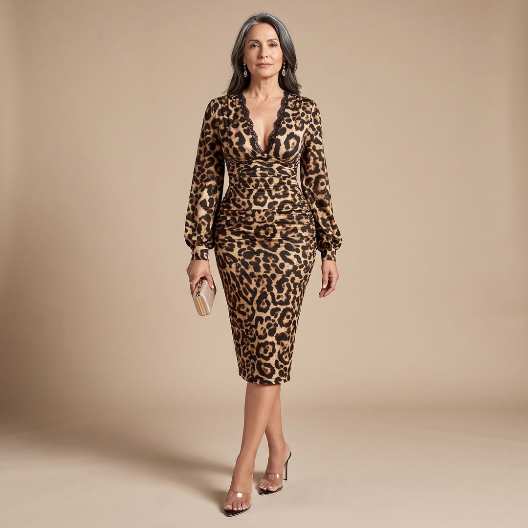 Women's Leopard Print Lace-Trim Deep V-Neck Bodycon Midi Dress