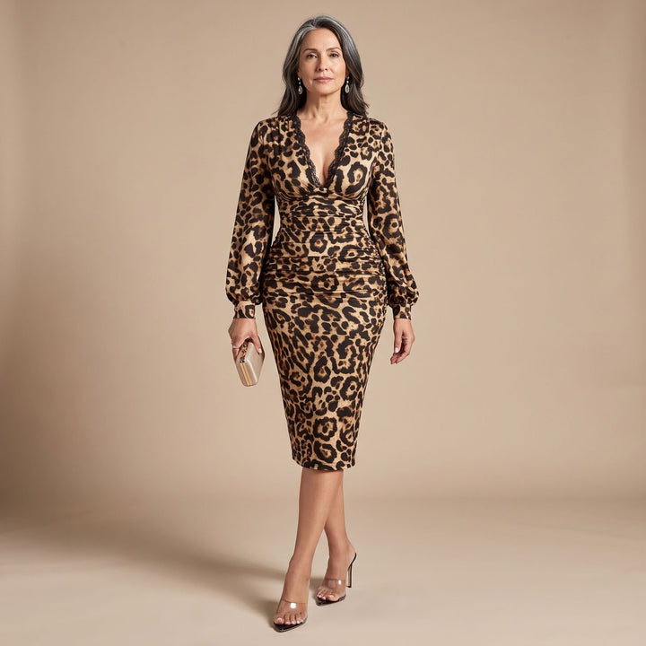 Women's Leopard Print Lace-Trim Deep V-Neck Bodycon Midi Dress
