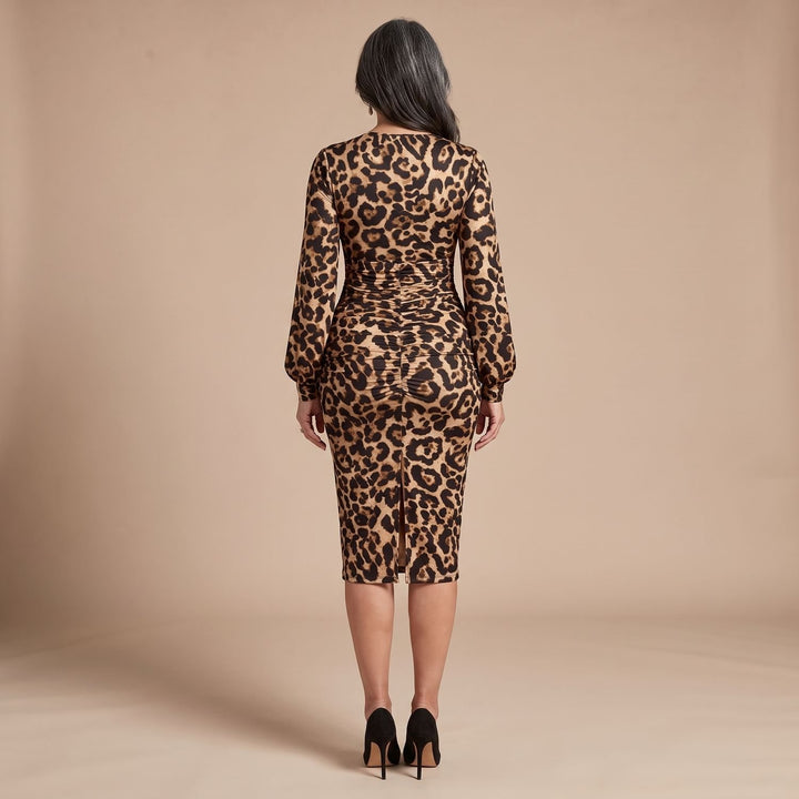 Women's Leopard Print Lace-Trim Deep V-Neck Bodycon Midi Dress