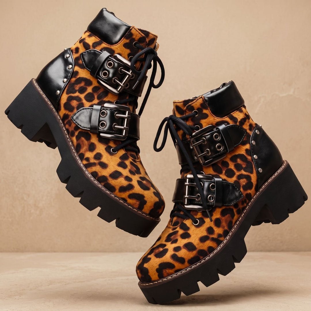 Women's Leopard Print Leather Lace-Up Buckle Ankle Boots - Leopard Orange