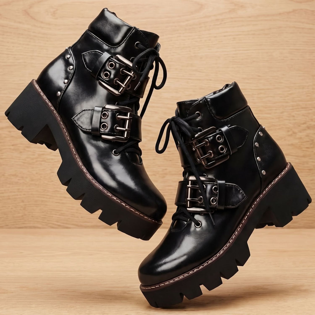 Women's Leopard Print Leather Lace-Up Buckle Ankle Boots - Jaguar Black