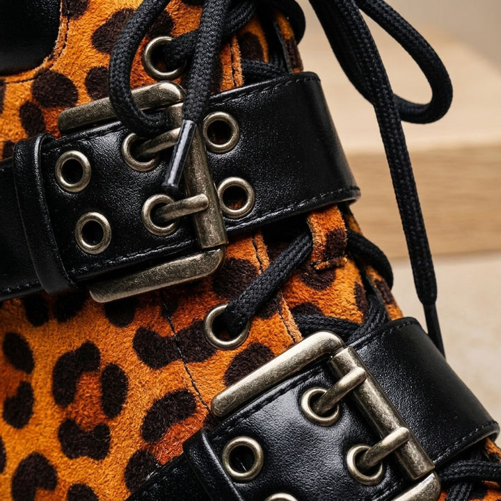 Women's Leopard Print Leather Lace-Up Buckle Ankle Boots
