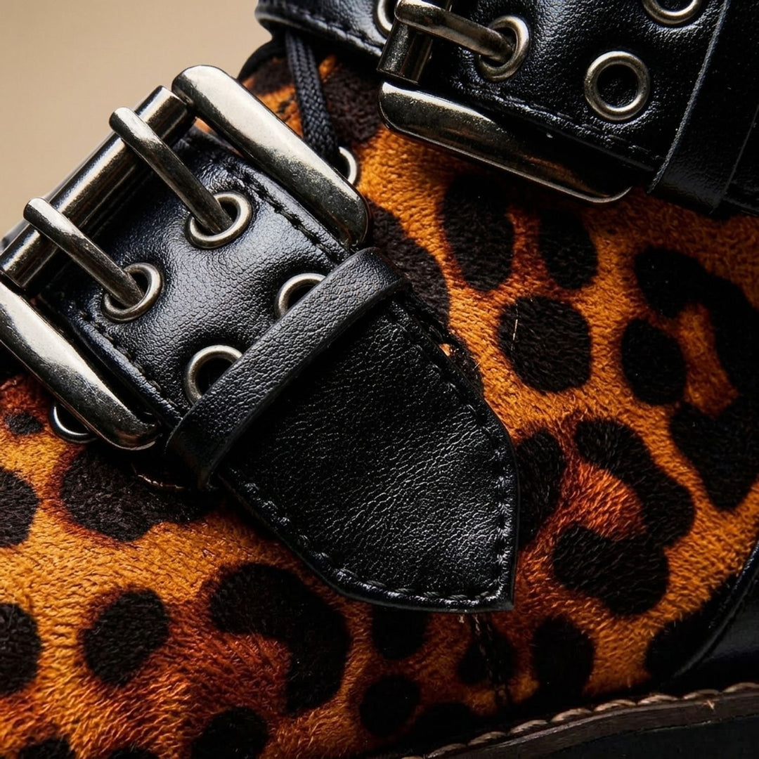 Women's Leopard Print Leather Lace-Up Buckle Ankle Boots