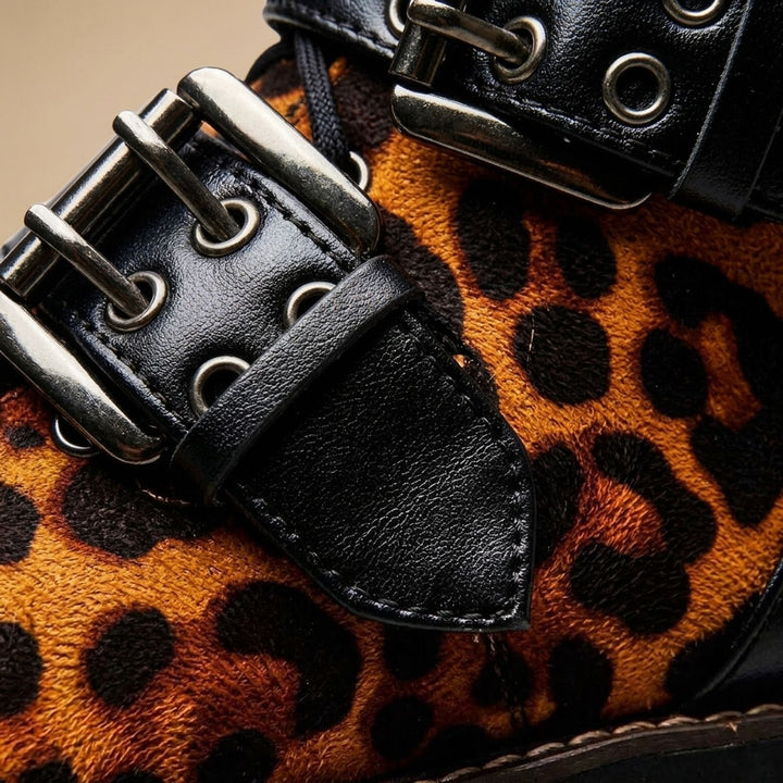 Women's Leopard Print Leather Lace-Up Buckle Ankle Boots