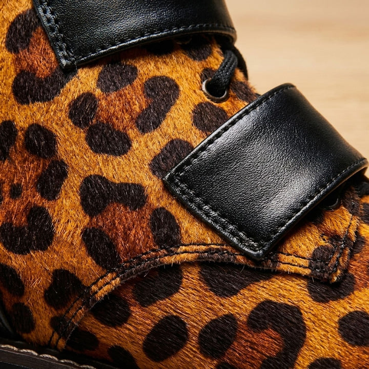 Women's Leopard Print Leather Lace-Up Buckle Ankle Boots