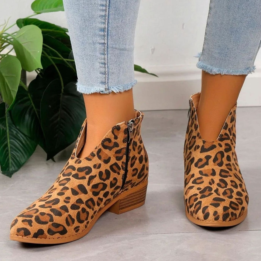 Women's Leopard Print Side-Zip Block-Heel Ankle Boots - Leopard