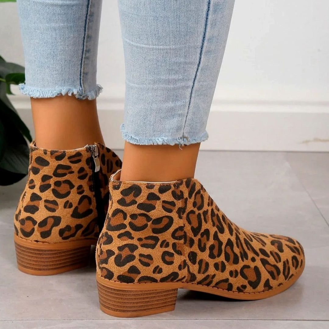Women's Leopard Print Side-Zip Block-Heel Ankle Boots