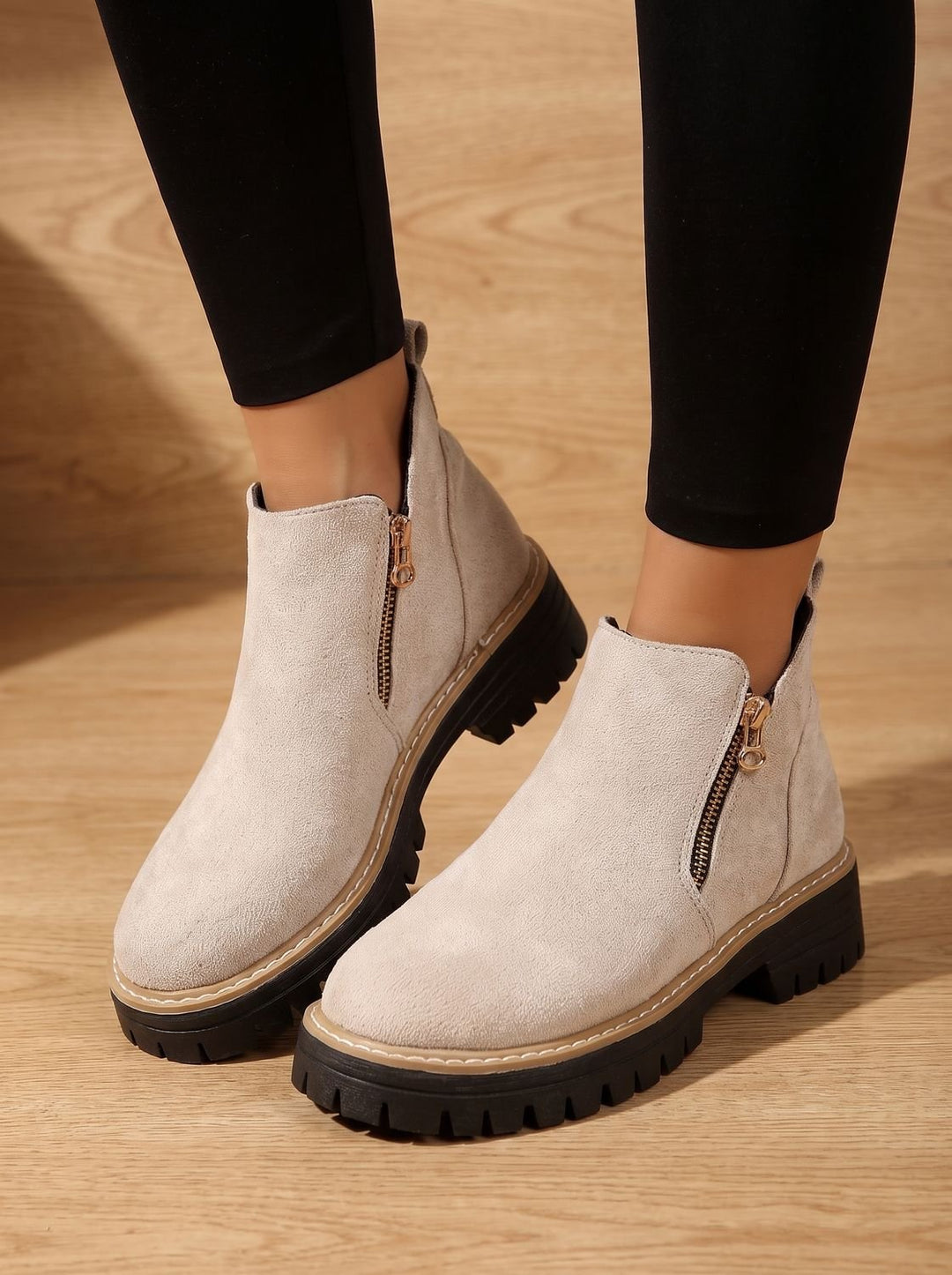Women's Leopard Print Side-Zip Chunky Platform Ankle Boots - Beige