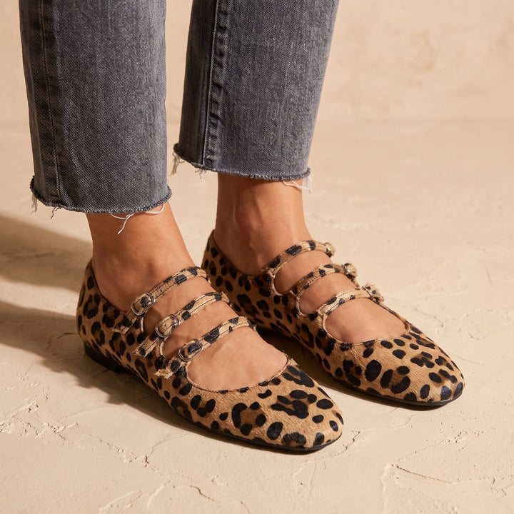 Women's Leopard Print Triple-Buckle Mary Jane Flats