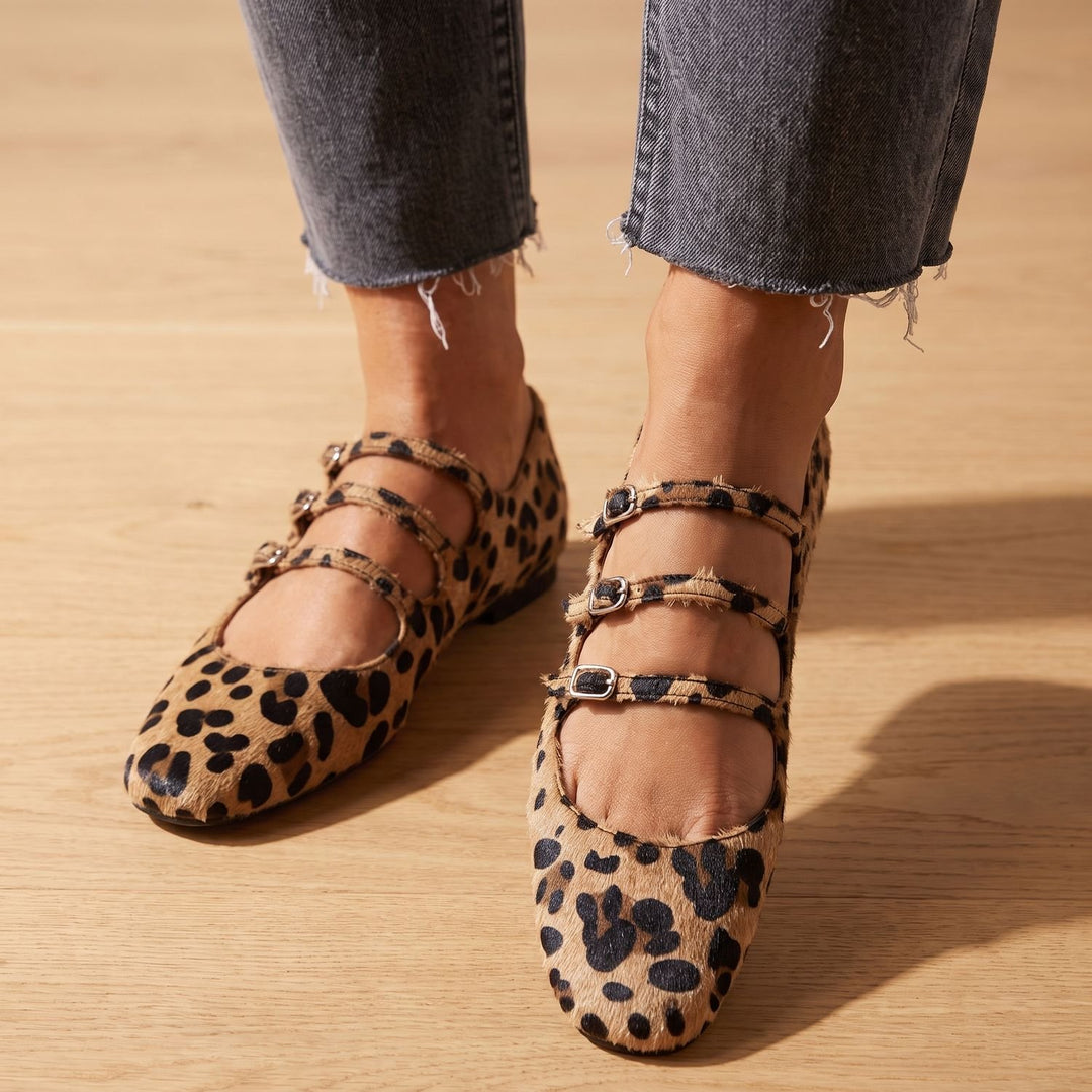 Women's Leopard Print Triple-Buckle Mary Jane Flats