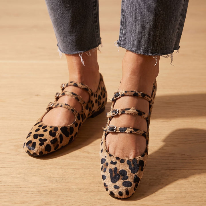 Women's Leopard Print Triple-Buckle Mary Jane Flats