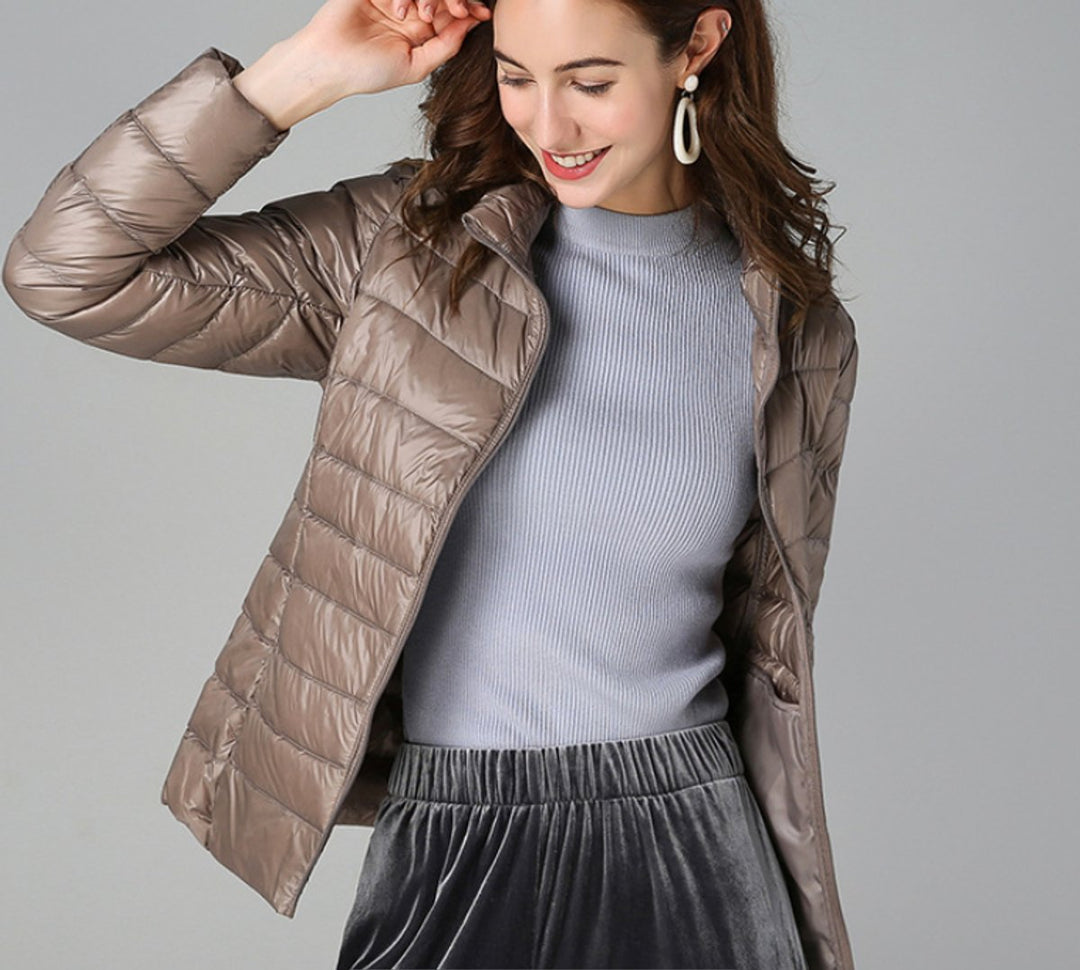 Women's Lightweight Quilted Puffer Coat Stand Collar Zip-Up Jacket - Khaki