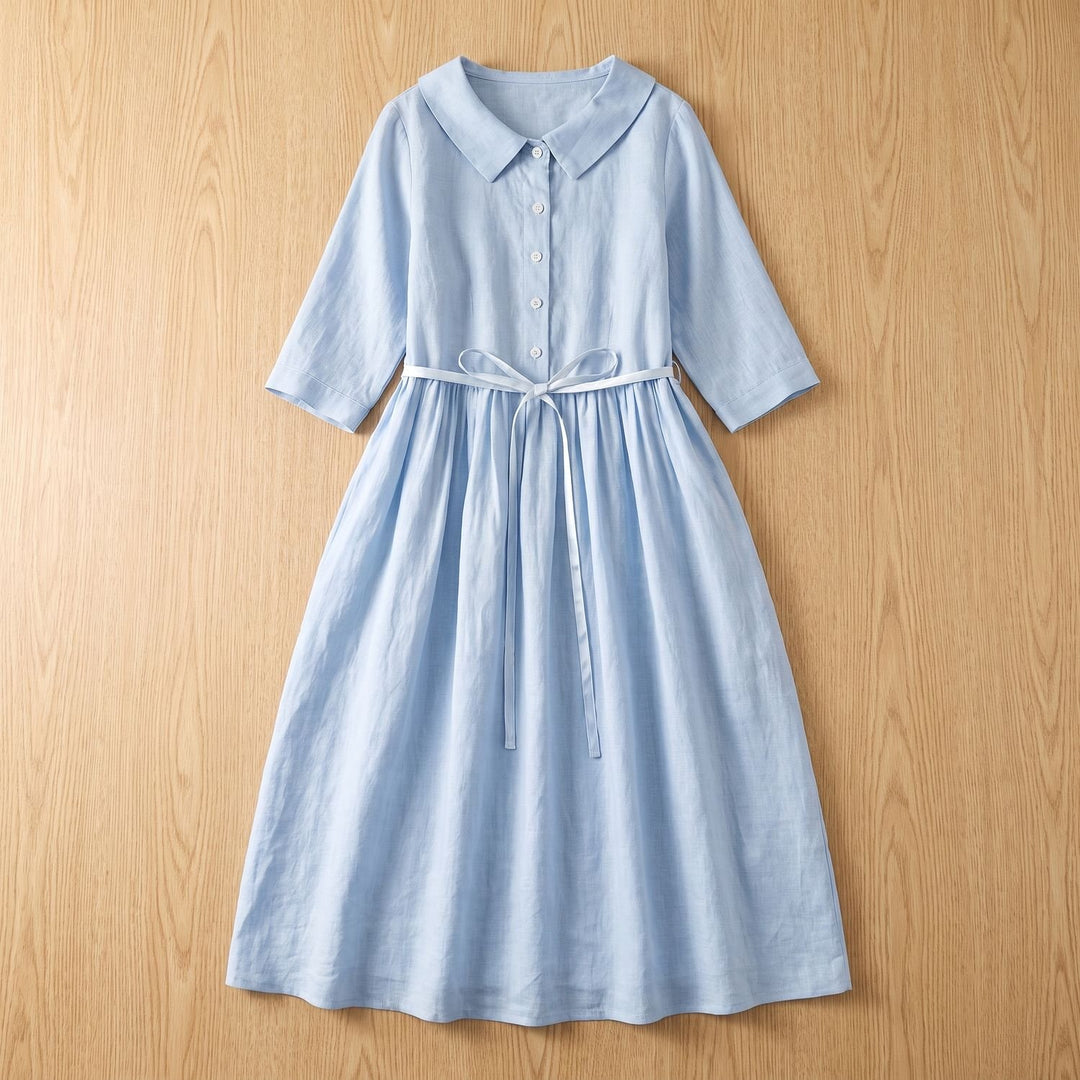 Women's Linen 3/4 Sleeve Midi Dress Tie-Waist Button-Front - Blue