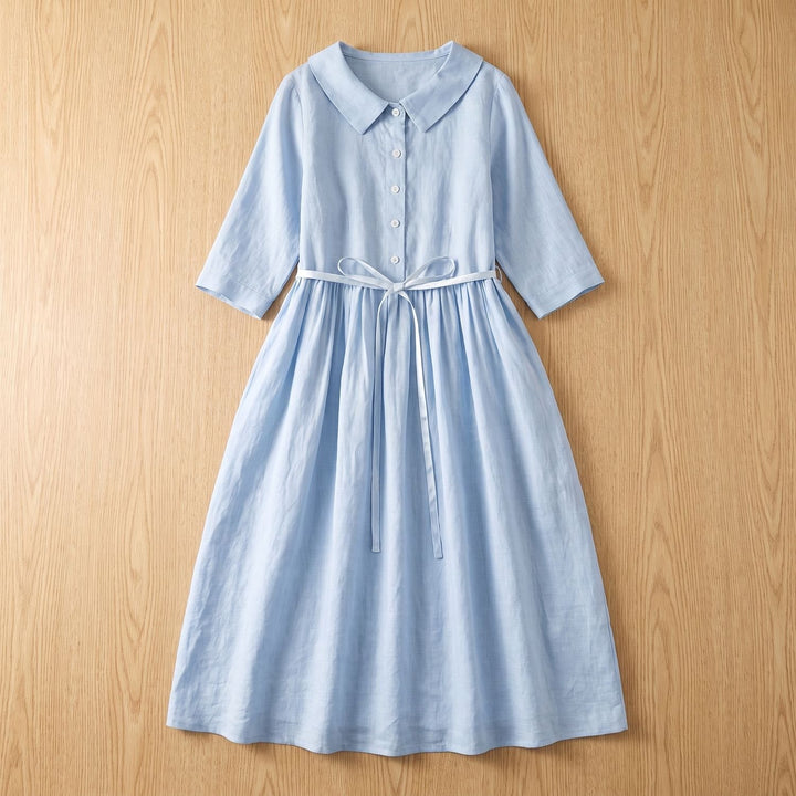 Women's Linen 3/4 Sleeve Midi Dress Tie-Waist Button-Front - Blue