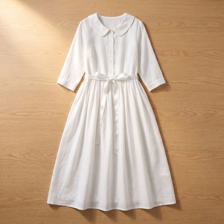 Women's Linen 3/4 Sleeve Midi Dress Tie-Waist Button-Front - White