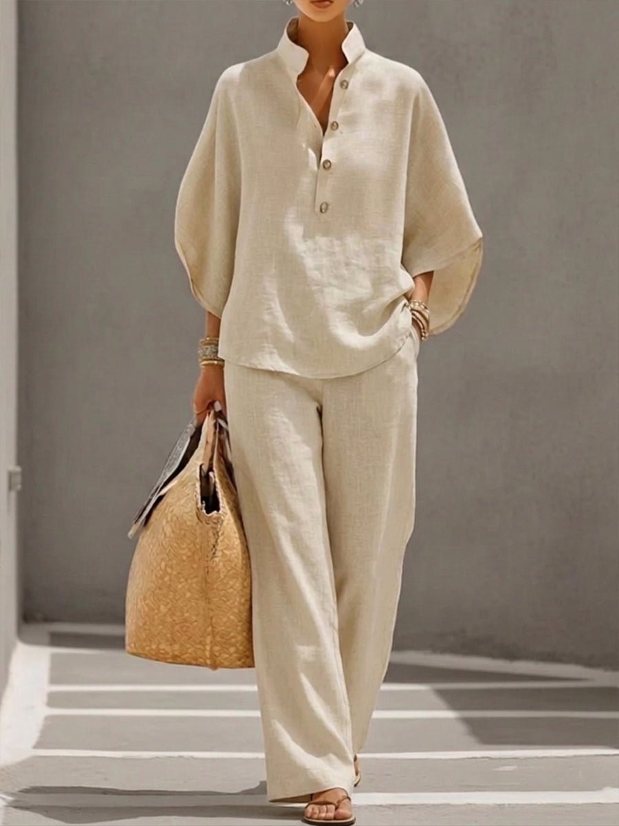 Women's Linen Batwing Sleeve Two-Piece Set Wide Leg Pants - Beige