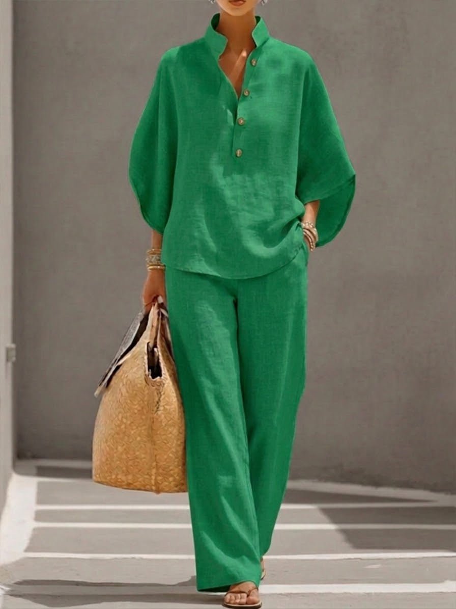 Women's Linen Batwing Sleeve Two-Piece Set Wide Leg Pants - Green