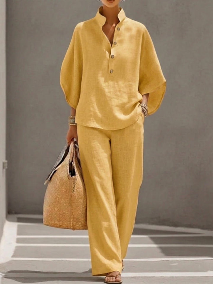 Women's Linen Batwing Sleeve Two-Piece Set Wide Leg Pants - Yellow